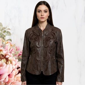 Reba Western Brown Faux Leather Jacket with Silver Accents Sz M